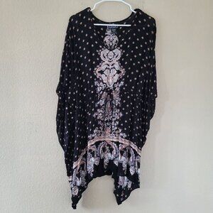 Angie Pullover Poncho Tunic Size Large Tie Waist Smocked Boho Peasant Hippie